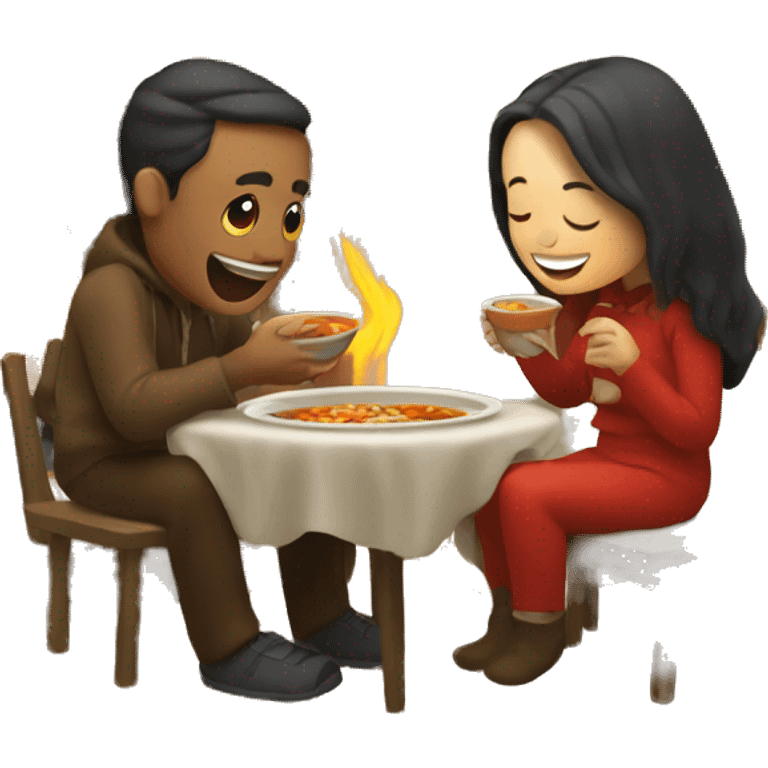 A couple enjoying soup by a fireplace emoji