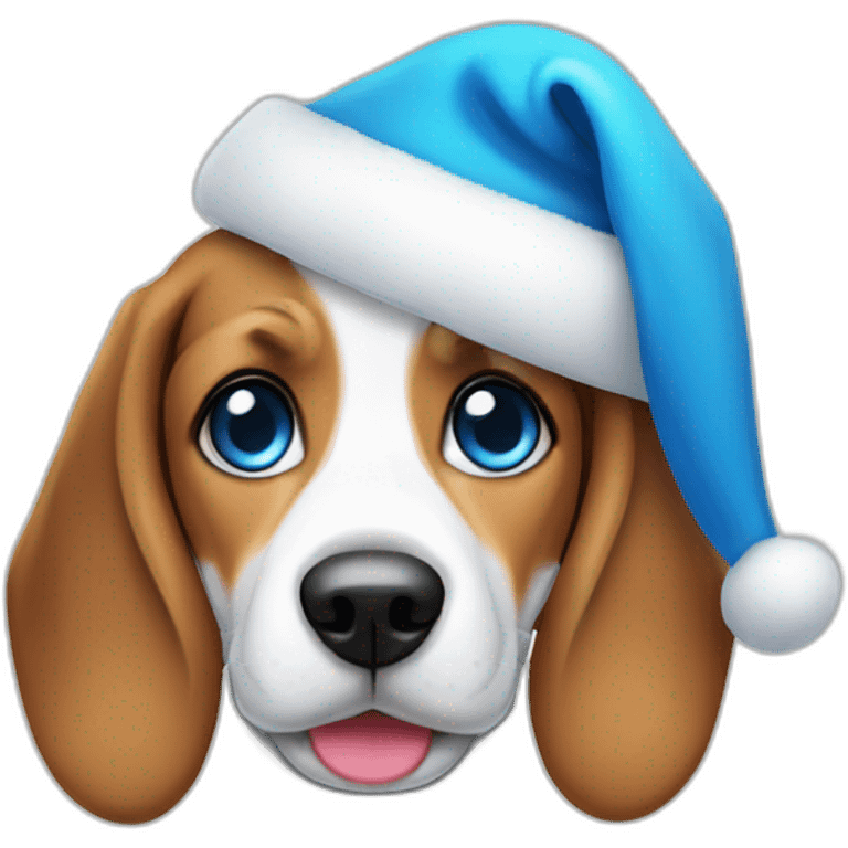 A cute beagle with very bright blue eyes wearing a santa hat emoji