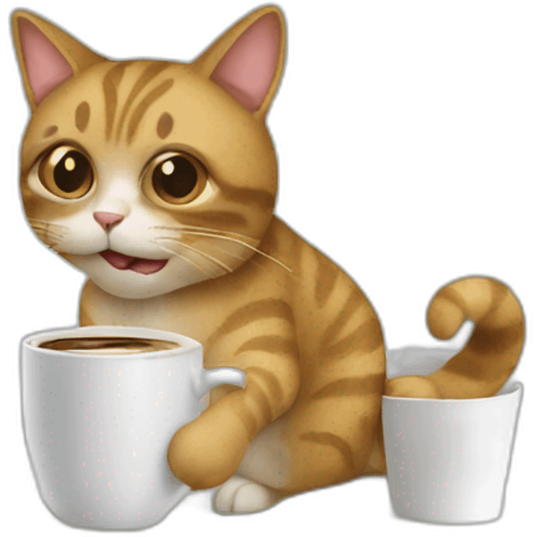 cat working on a large computer holding a coffee cup emoji