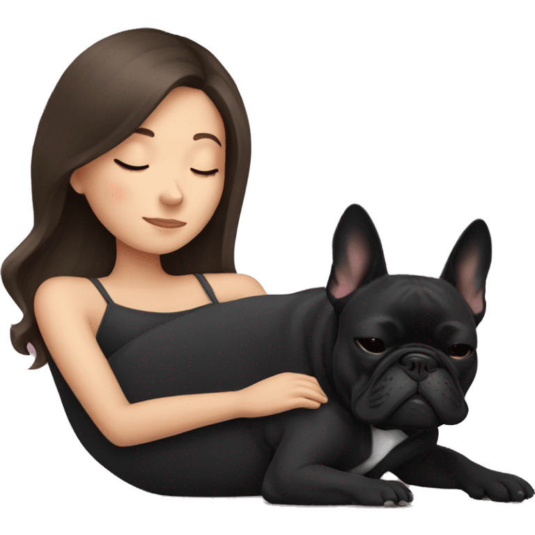 brunette girl sleeping with a black french bulldog emoji