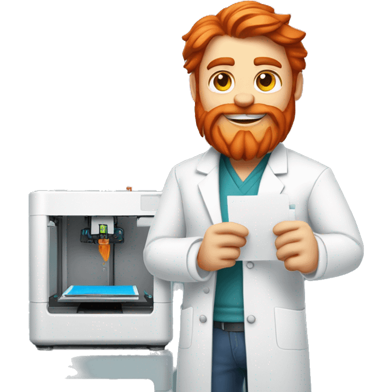 A red-bearded cat engineer in a lab coat holds a white piece of paper next to a 3d printer. emoji