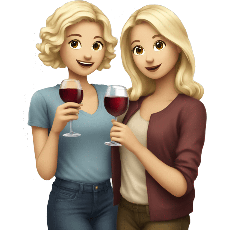 A blonde beautiful girl and a dark blonde super cute beautiful girl drink wine together emoji