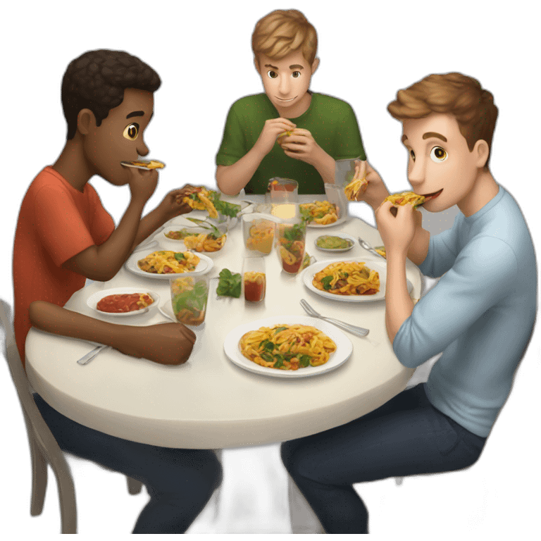 3 young white guys eating dinner together emoji