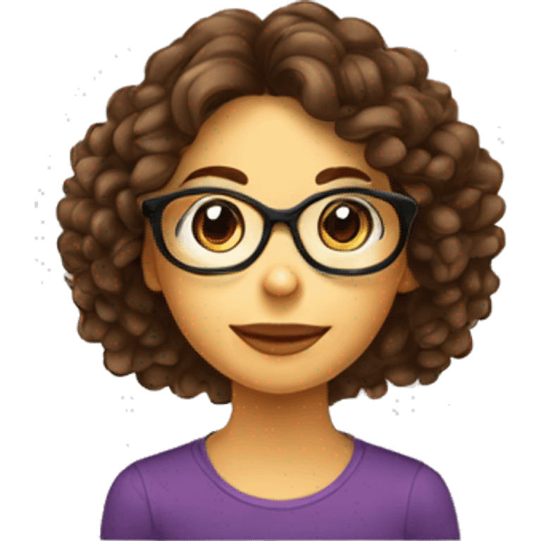 Fille aux cheveux longs brun frisés en bout avec des lunettes de forme carré emoji