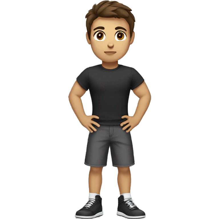 A boy with a tshirt and brown hair and black shoes and brown eyes and with a kickbox emoji