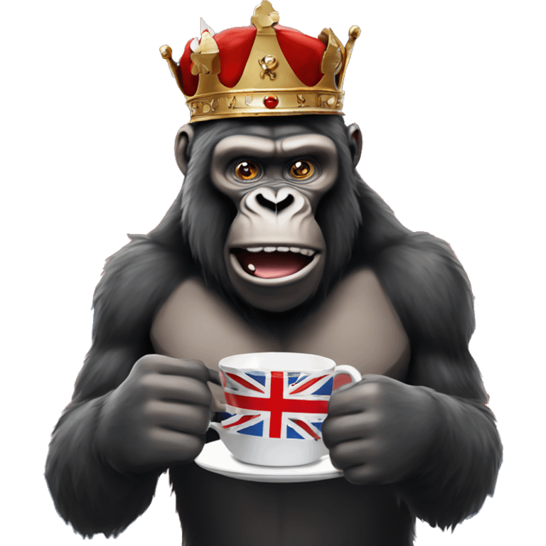 king kong drinking tea  with british flag behind in the background emoji