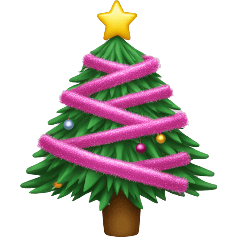 christmas tree with pink tinsel and tree topper  emoji