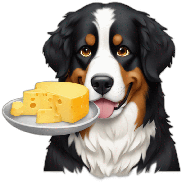 A Bernese mountain dog eating a cheese fondue emoji