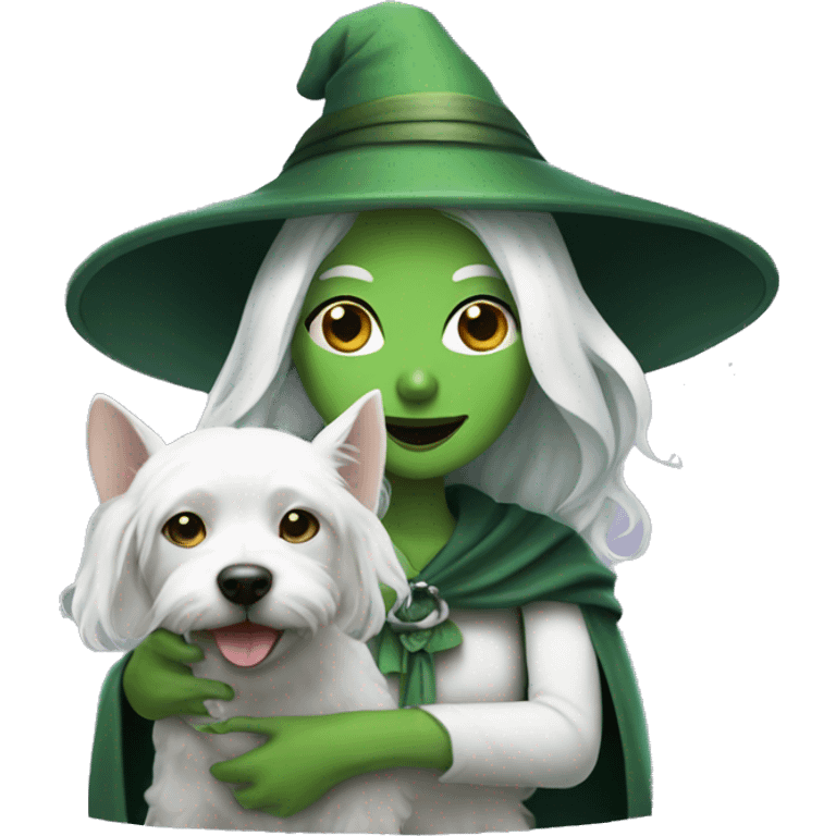 Green witch with white little dog emoji