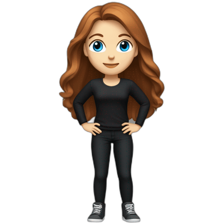 female, long chestnut hair, blue eyes, 5' 2" tall, weighs 130 pounds, wearing all black clothes emoji