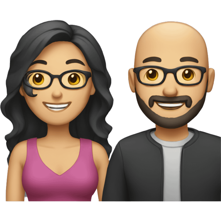 a couple, a man is bald and wearing glasses and beard. The woman has  dark, long  hair and smiling showing teeth. emoji