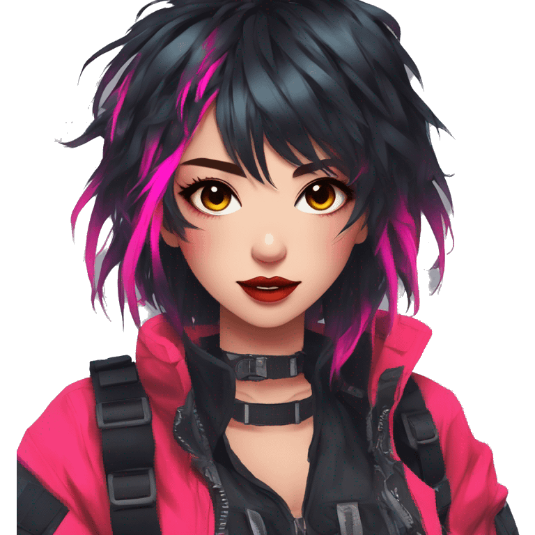 Gorgeous bright colorful neon techwear anime style lady with blushing face aesthetic and pretty edgy black red punk messy hair with collar and harness trending style emoji