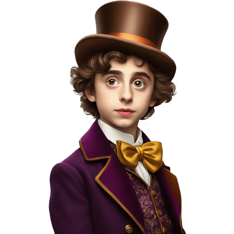 Timothée Chalamet as young Willy Wonka, large face, hat emoji