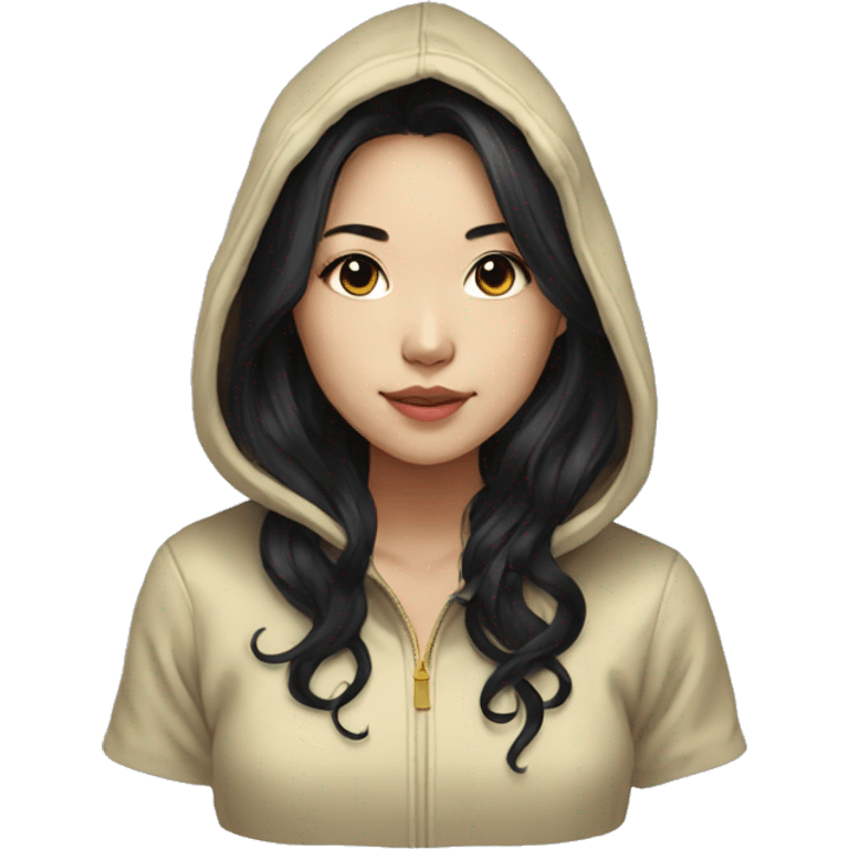 asian girl with long black wavy hair with gold highlights in a hoody emoji