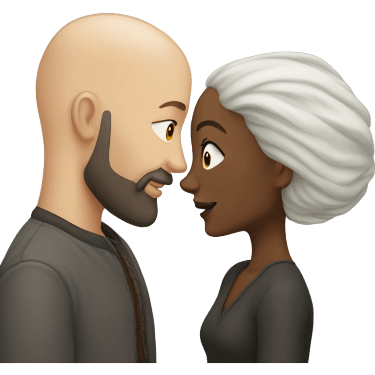 White Man bald with dark beard kissing short brown woman with long dark wavy hair emoji