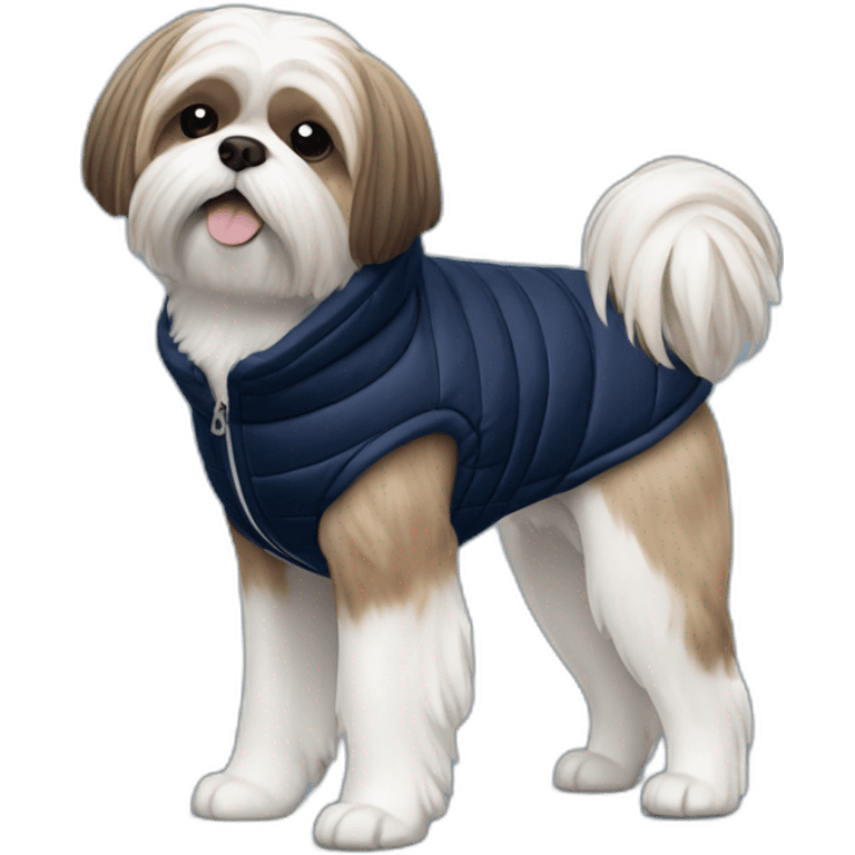 Side view standing Shih tzu in sleeveless navy blue puffer jacket emoji