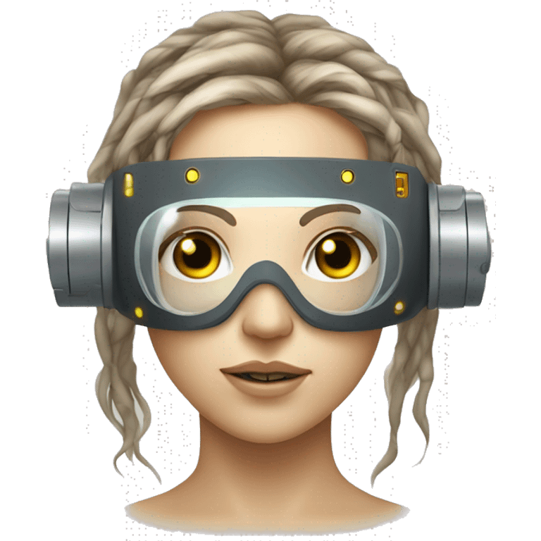 female cyborg head, fair skin, Brown long hair with blonde steaks, space age goggles and circuits emoji