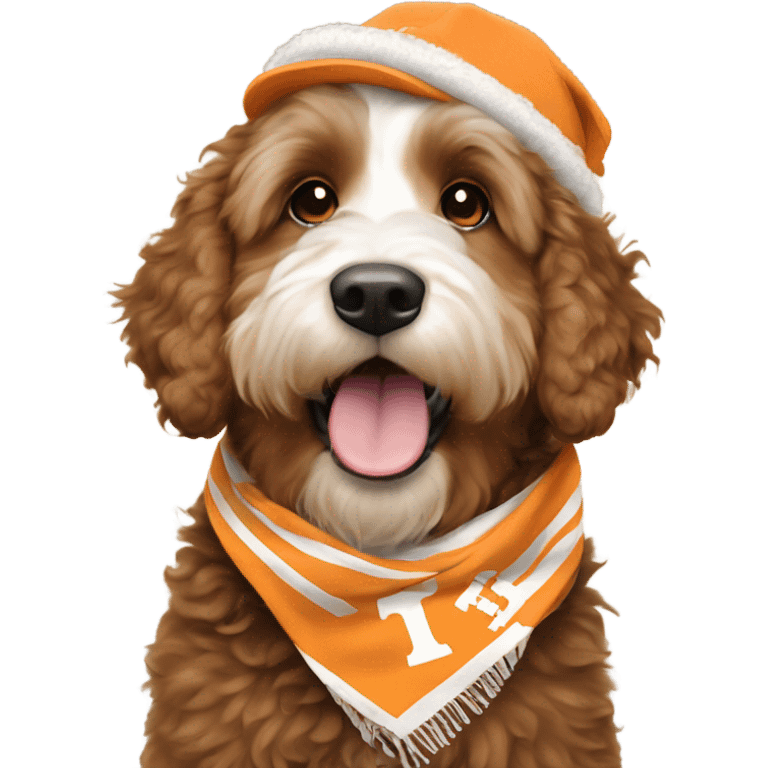 Bernedoodle with University of tennessee hat and scarf emoji