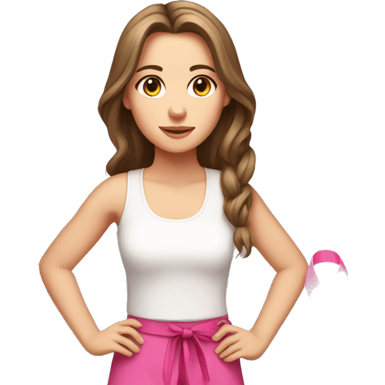 white Girl, white tank top, straight brown hair with pink ribbon emoji