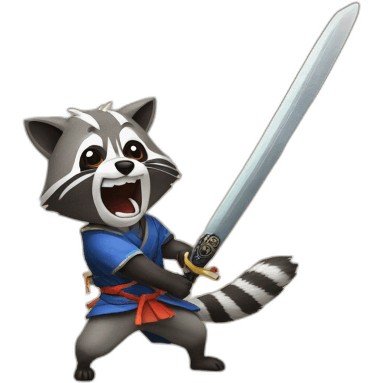 Raccoon fighting a dog with samurai sword emoji