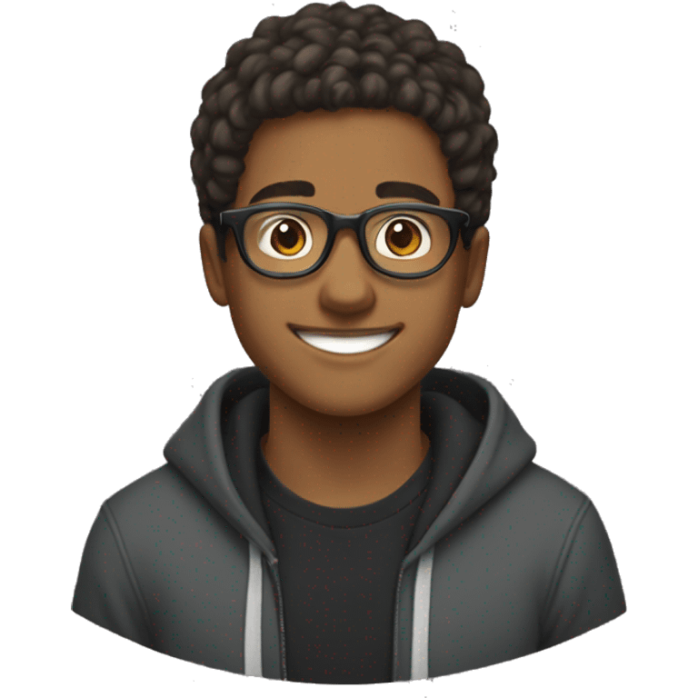 Entrepreneurial 20-year-old boy with black sweatshirt, circular glasses, smiling and straight hair emoji