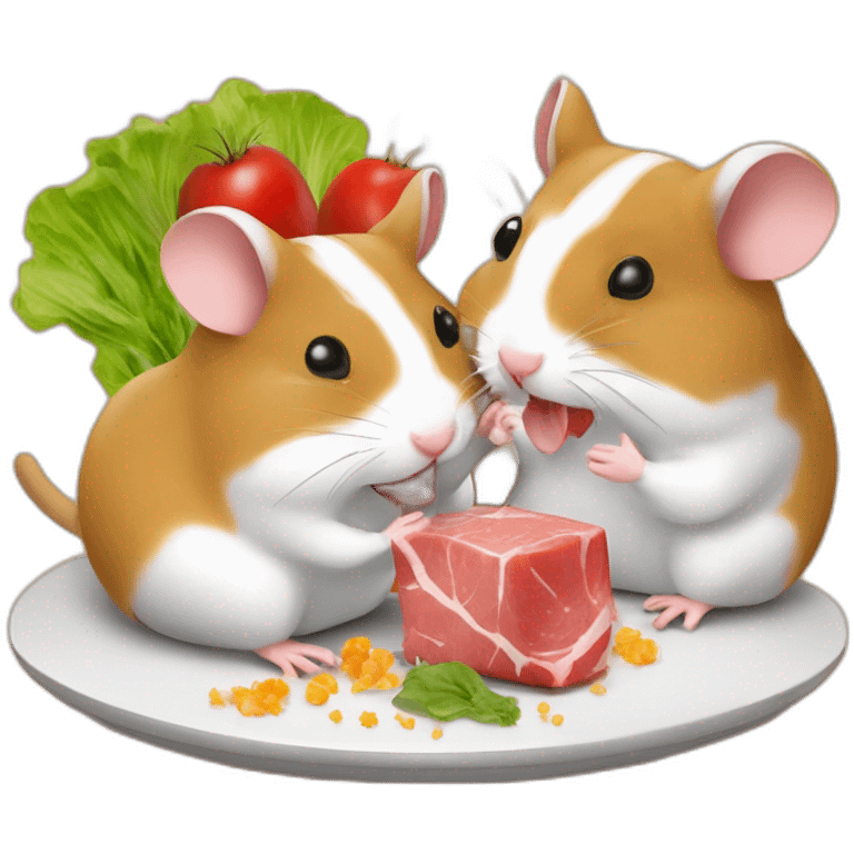 two hamsters with mustache are eating meat with salat   emoji