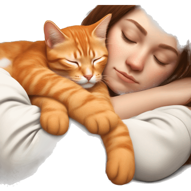 Orange kitty sleeping on brown brunette white girl's arms emoji