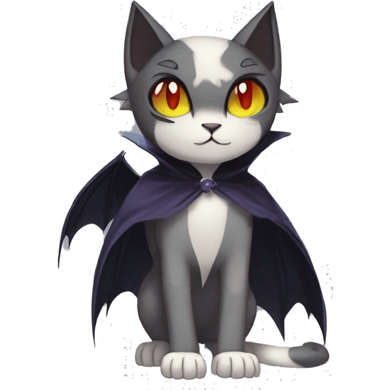   cool edgy beautiful anime-style ethereal dark-punk-themed animal vampiric cat-hybrid Fakemon with fangs and bat-wing-ears with a cape full body emoji