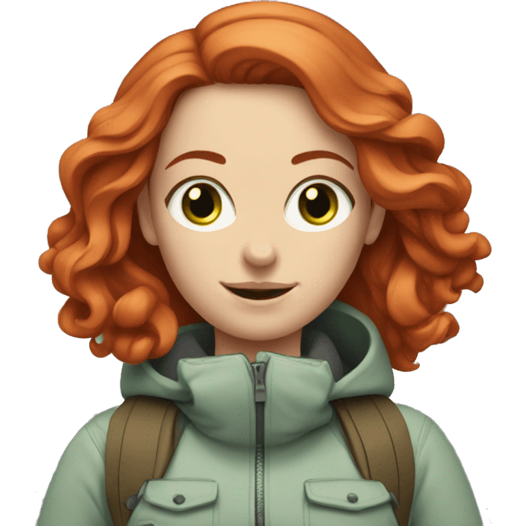 White woman with long red hair and grey-green eyes snowboarding emoji