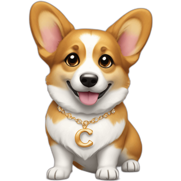 Corgi with gold ear rings and necklace with letter "C" emoji