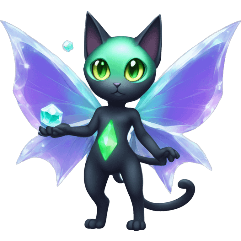 Shiny, Sparkly, Black Dark-type-Fairy-Type-Psychic-Ice-type-Fakémon-Cat Purple eyes, green gem, full body emoji