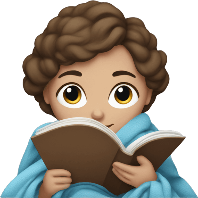 woman with brown hair and blue eyes in blanket reading a book emoji