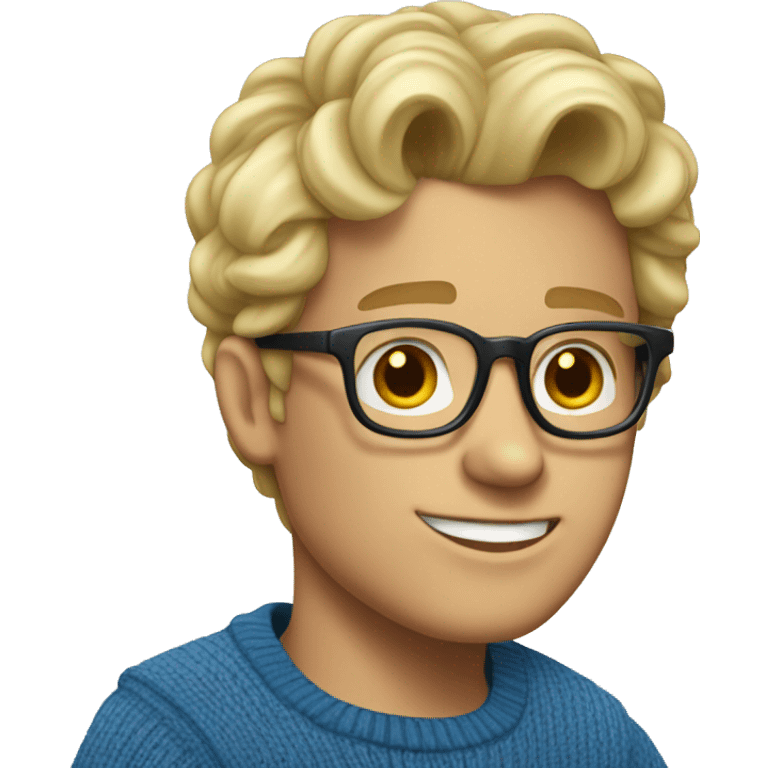 blond guy with glasses, a "curtain" hairstyle, wearing a blue zip-up sweater emoji