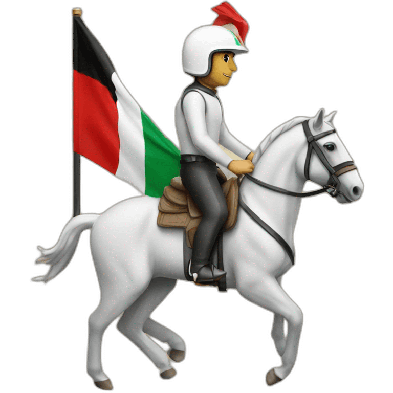 A man riding a horse wearing an helmet that has the uae flag printed on it emoji