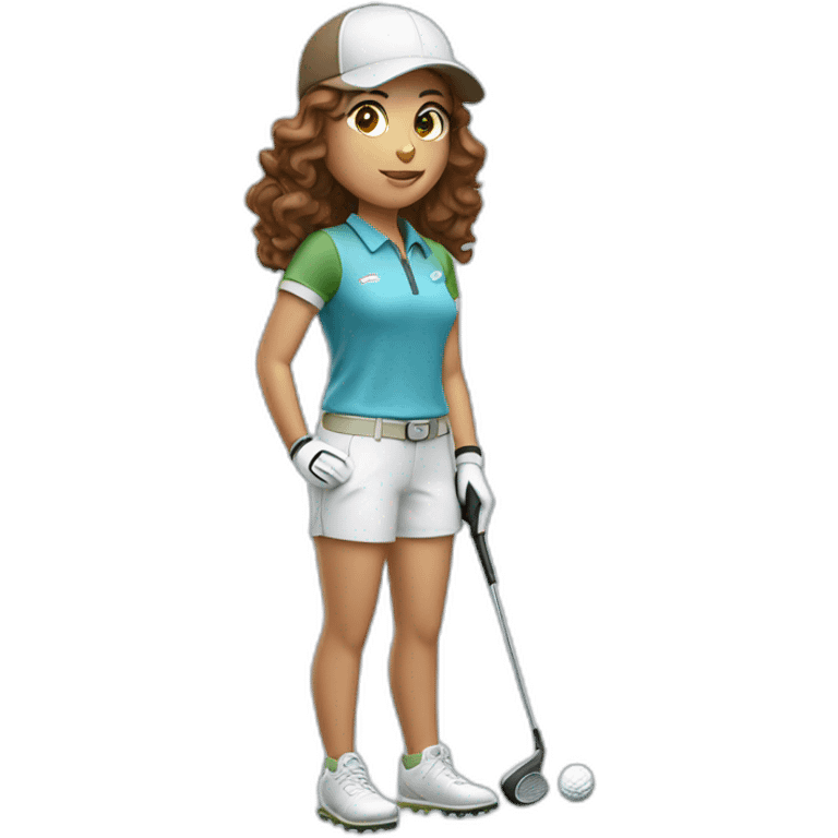 female with brown wavy hair dressed in golfwear with golf gear emoji