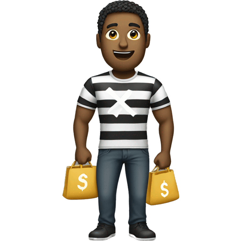 man with black and white stiped t-shirt holding a bag with dollar symbol emoji