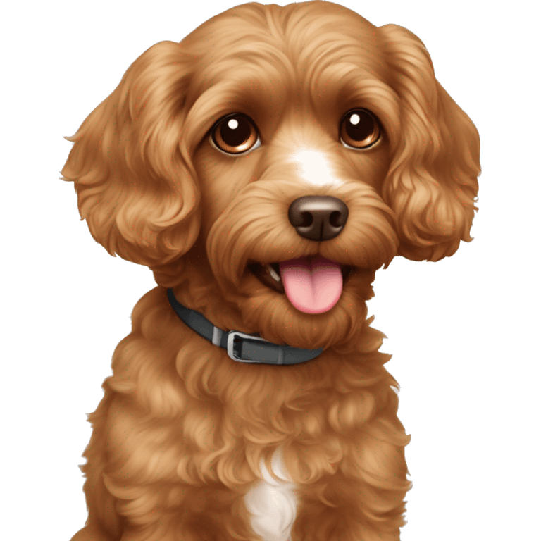 A light brown cavoodle with brown eyes and tongue poking out emoji