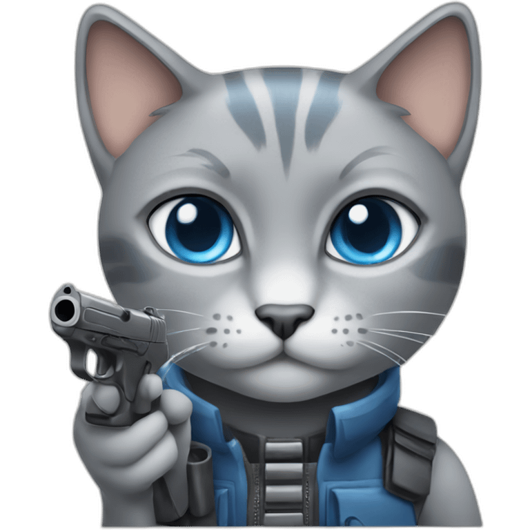 Blue eyed Grey Cat with gun emoji