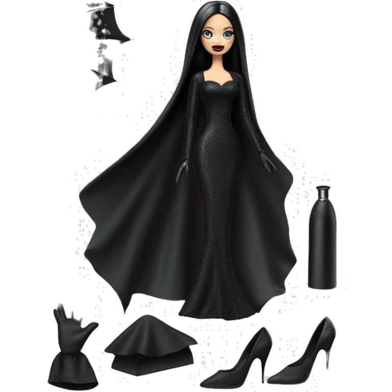 Funeral Barbie,teen Morticia Addams ,drying tears with handkerchief, show full body,accessories  gloves, funeral veil, holding umbrella  emoji