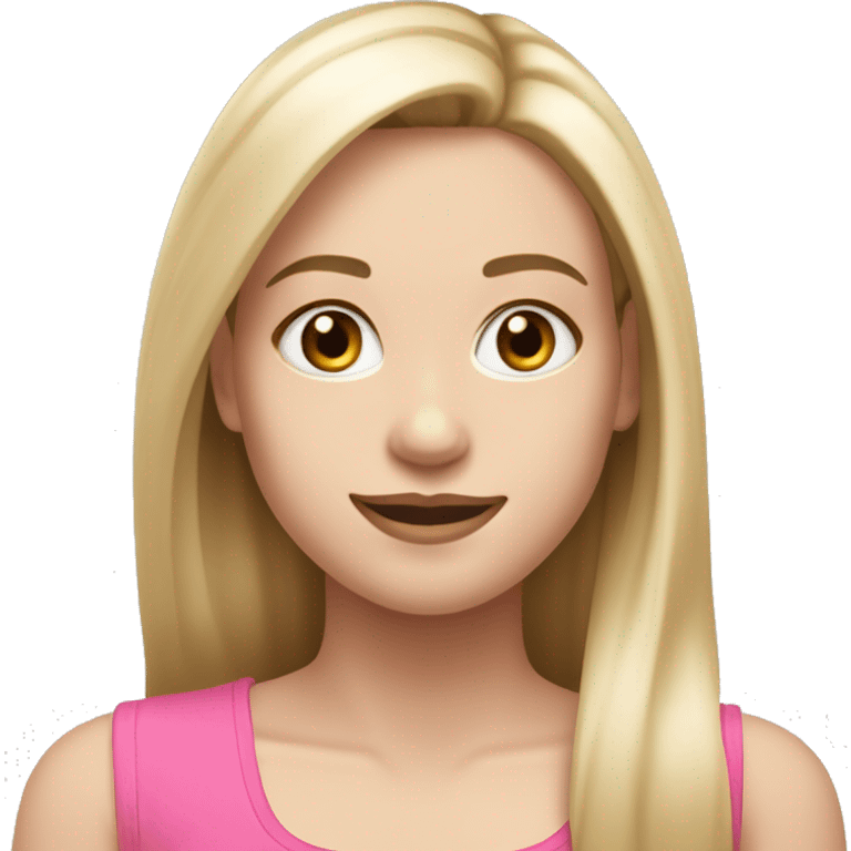 Girl with pink tank top and pale skin straight dirty blonde hair with light blonde highlights with makeup smiling and long hair emoji