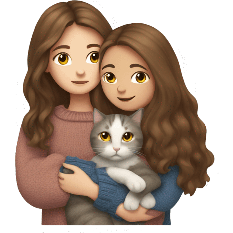 Girl with long brown hair in sweater hugging a british fold cat emoji