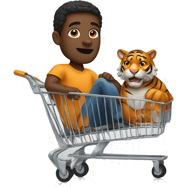 a black man riding in a shopping cart with a tiger emoji