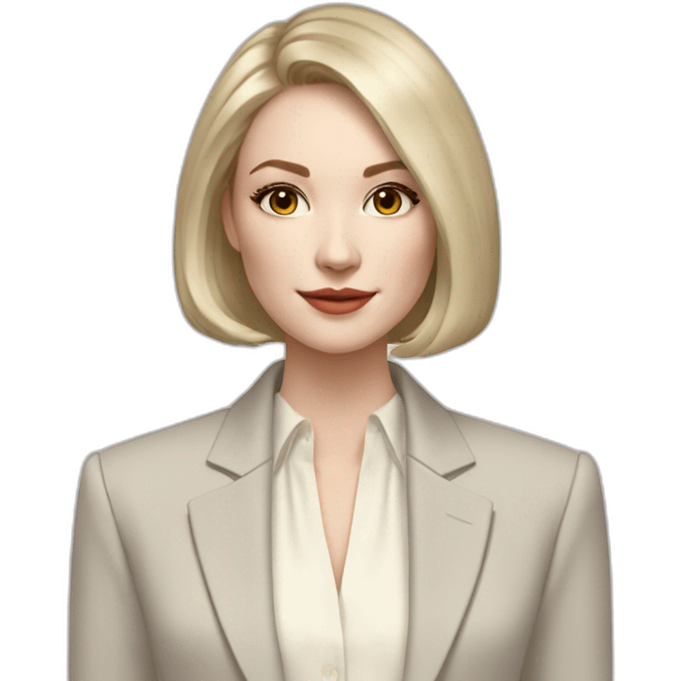 pale skin woman with ash blonde Straightened bob Hair, White Spacious classical jacket, beige palazzo Arrow pants and gray blouse holding a color palette in the hands emoji