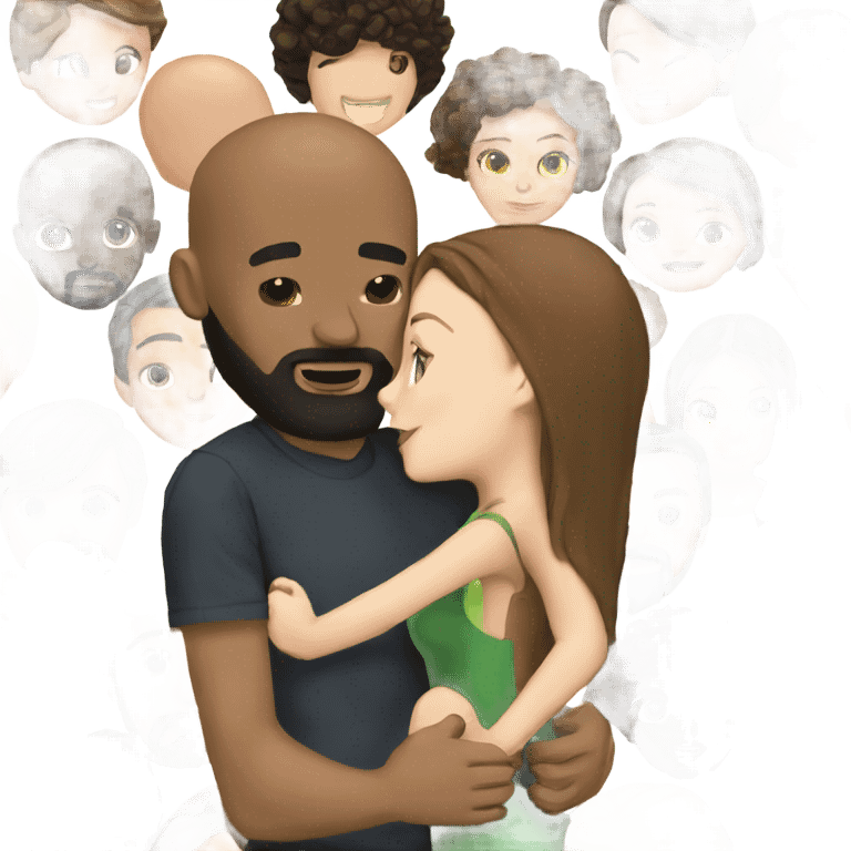 White girl brunette kissing black bald man with beard emoji