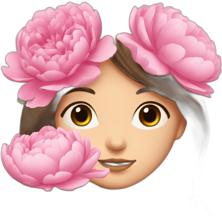 brunette girl smells flowers peonies emoji