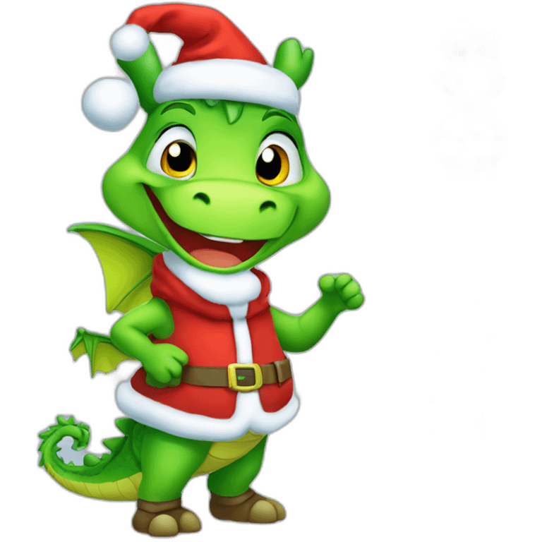 happy little green cartoon dragon of child, in winter, in work pants, in work clothes, in winter boots, in a Santa Claus hat, New Year,  presents emoji