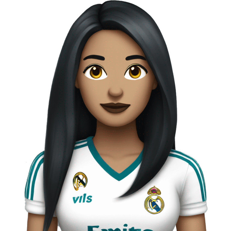 Femme fatale with long straight black hair wearing a Real Madrid jersey emoji