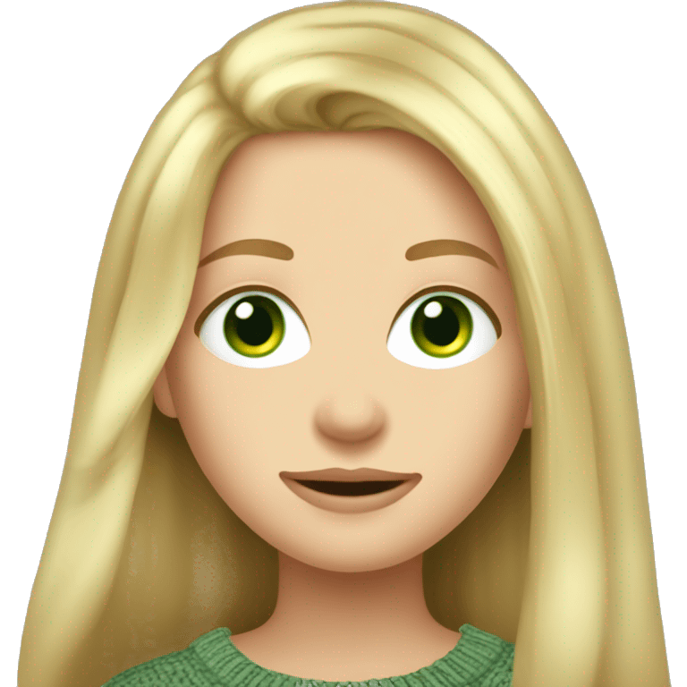 Blonde girl long hair moss green eyes, wearing sweater  emoji