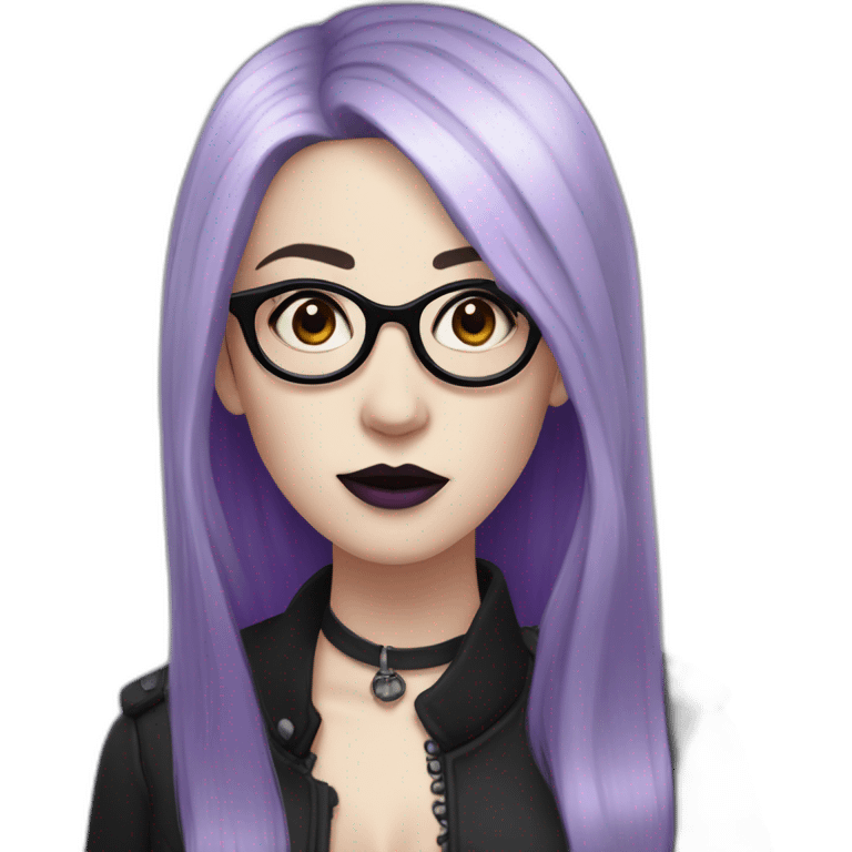 goth woman with long side parted purple hair and oval glasses, pale skin, sticking out tongue emoji