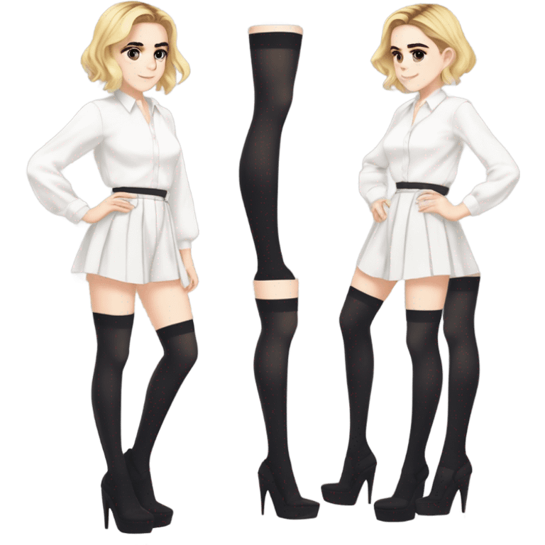 Anime version of Kiernan Shipka in 20denier black thigh highs and Strappy  platform high heel sandals with white blouse  emoji